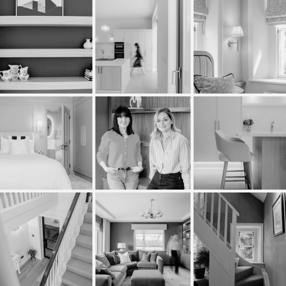 A 3x3 black and white collage showing various interior scenes.